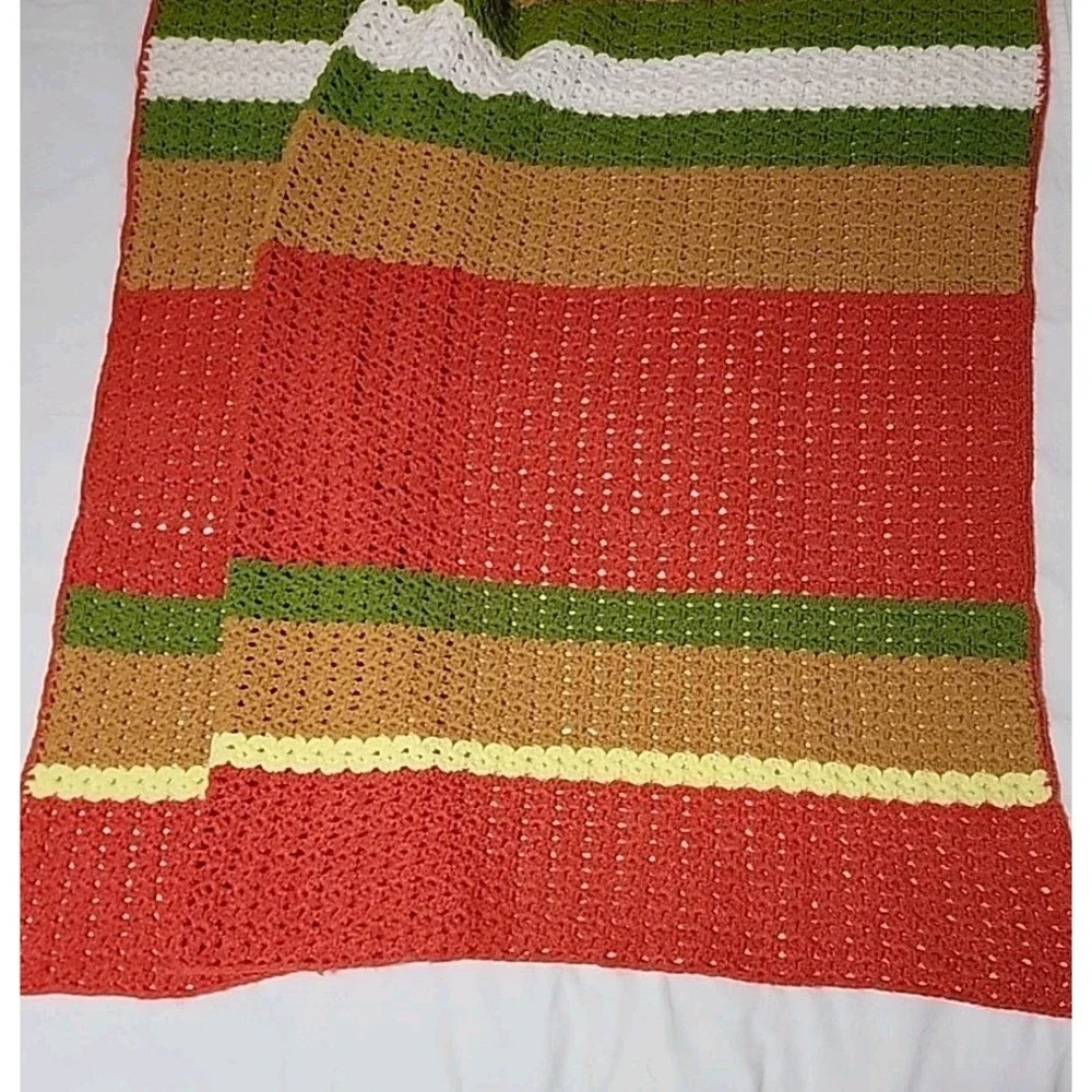 Large Handmade Crocheted Afghan, Orange Yellow Brown Green Stripes, 56‎ X 72